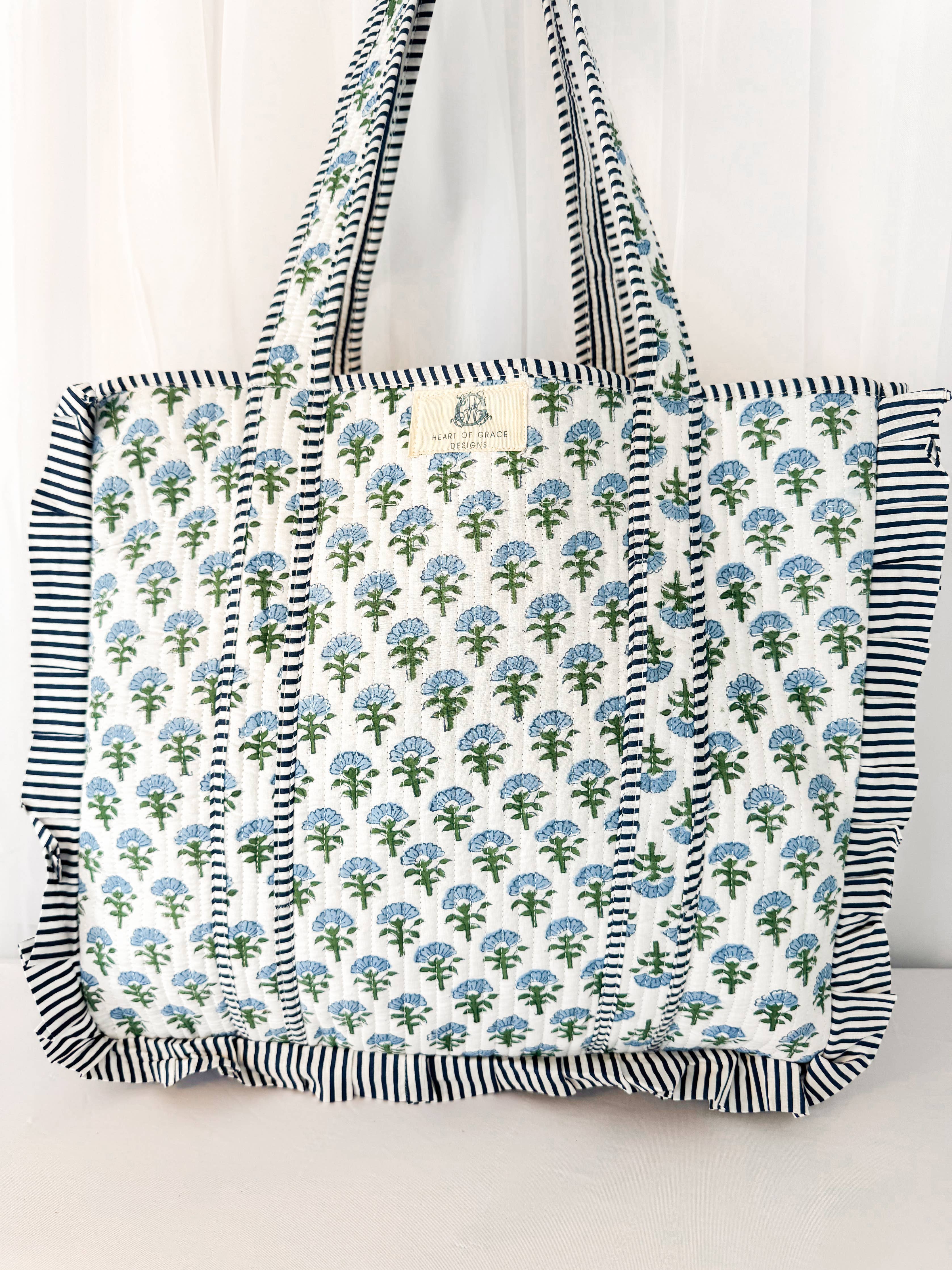 Block Print Large Quilted Ruffle Tote Bag | Carolina