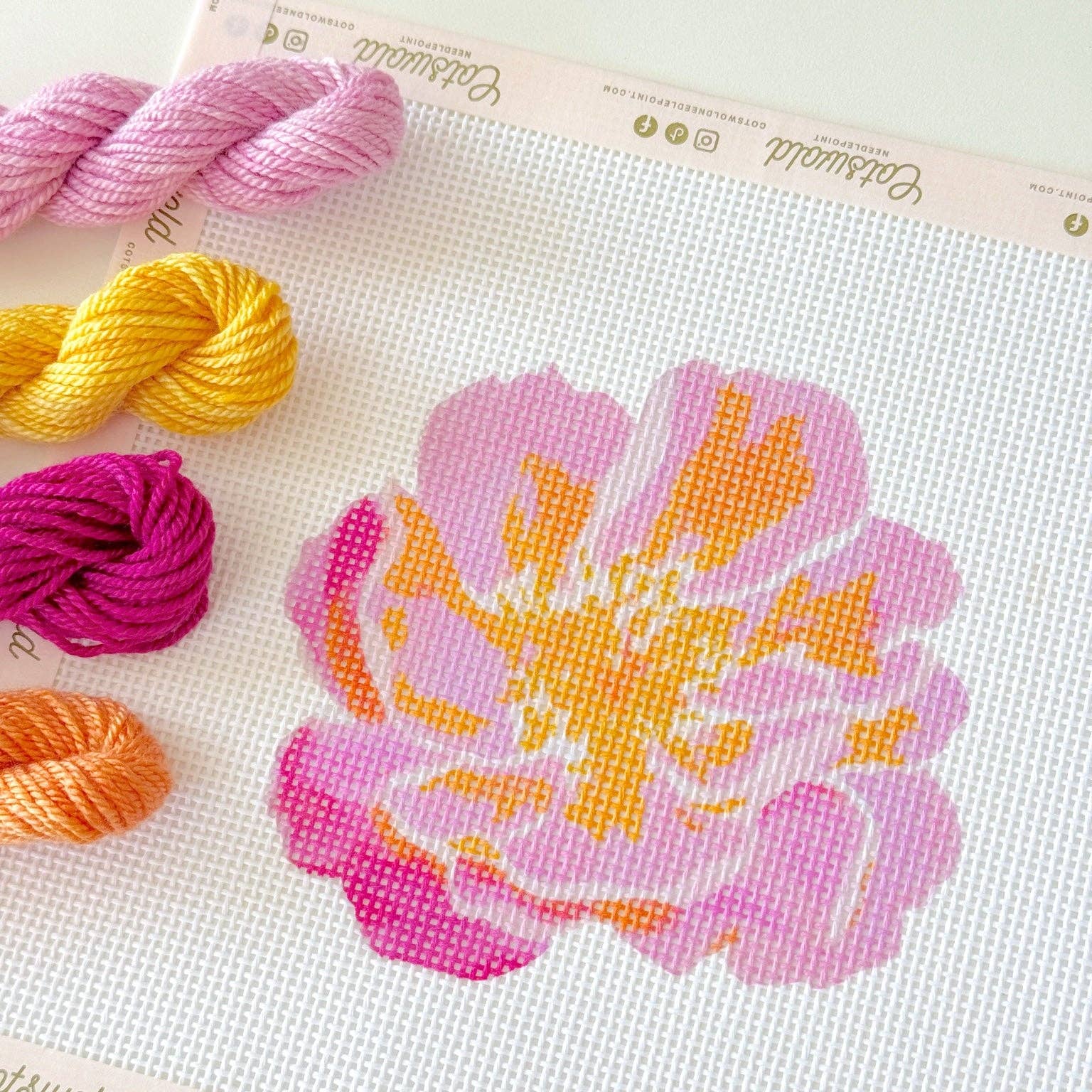 Pink Flower Needlepoint Canvas – 13 Mesh, 4x4 Design