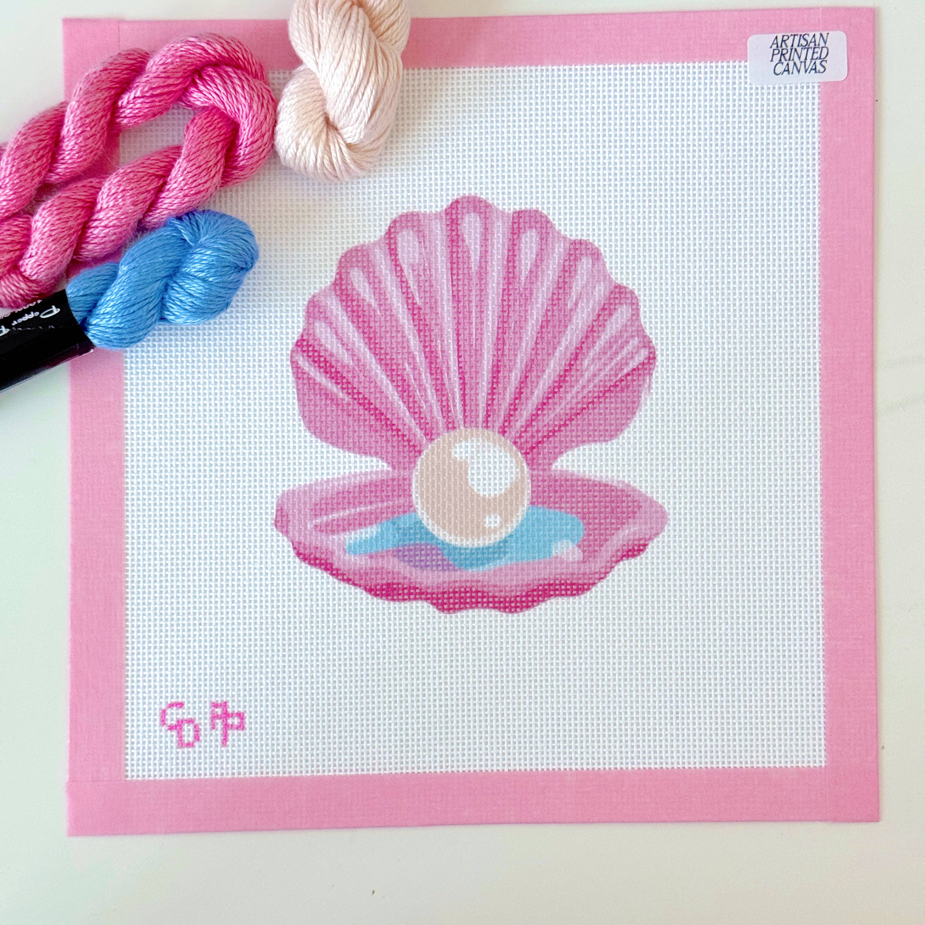 Pink Pearl Shell Needlepoint Canvas, Artisan Printed Canvas,