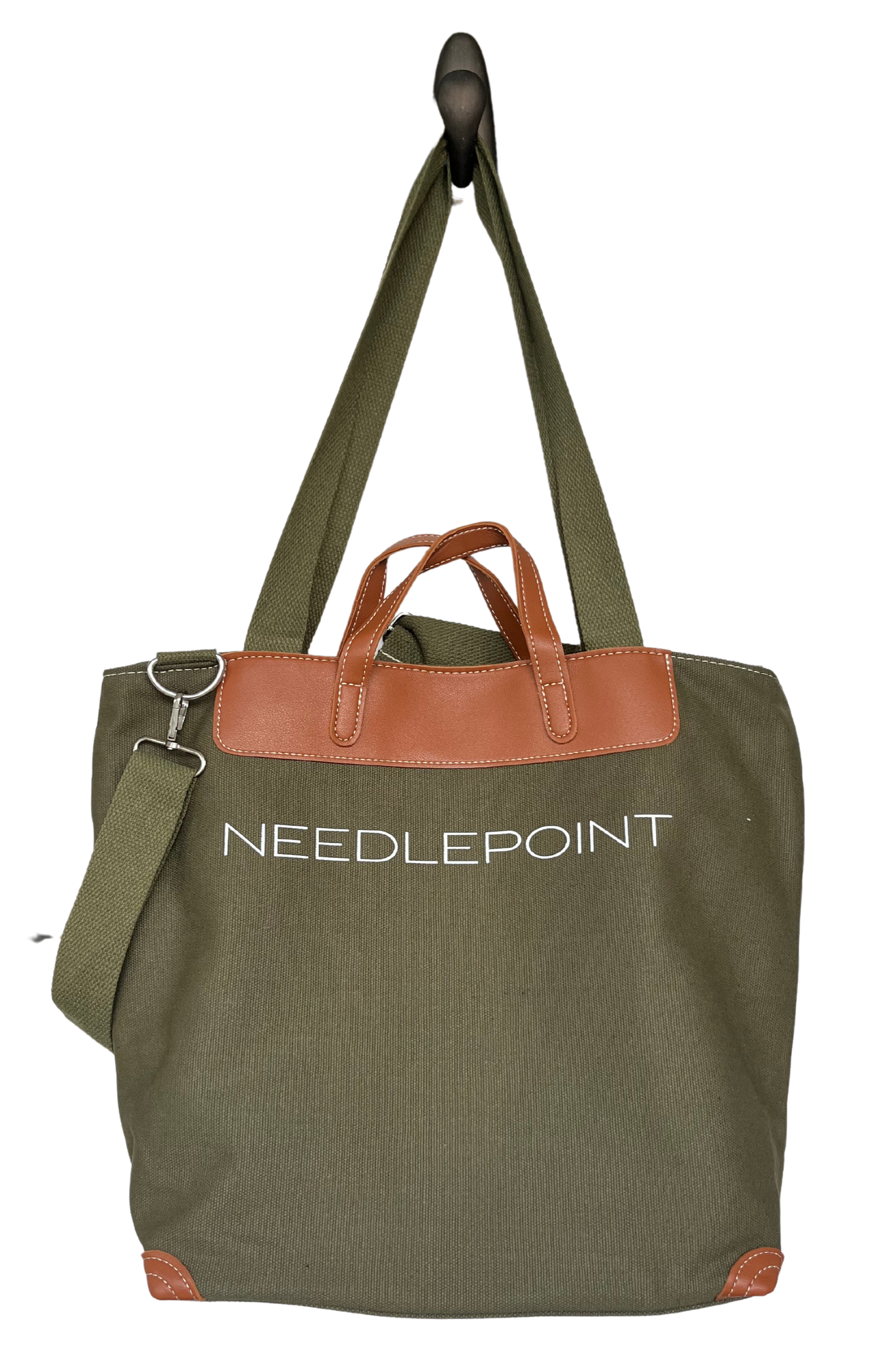 Cotton Needlepoint Bag with Faux Leather Handles Green