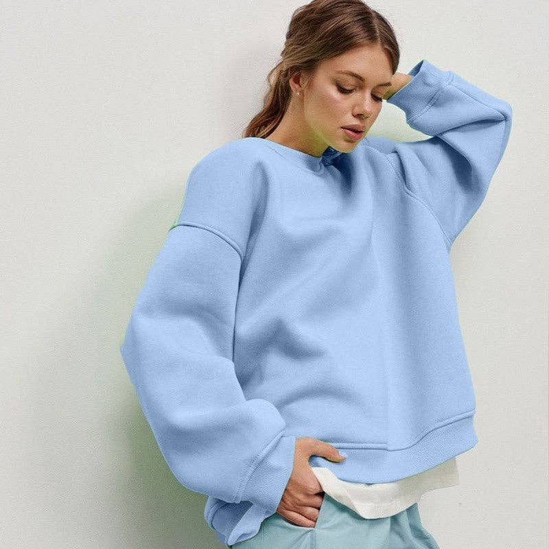 Casual Loose Fit Solid Color Crewneck Cotton Sweatshirt: SKY BLUE / L