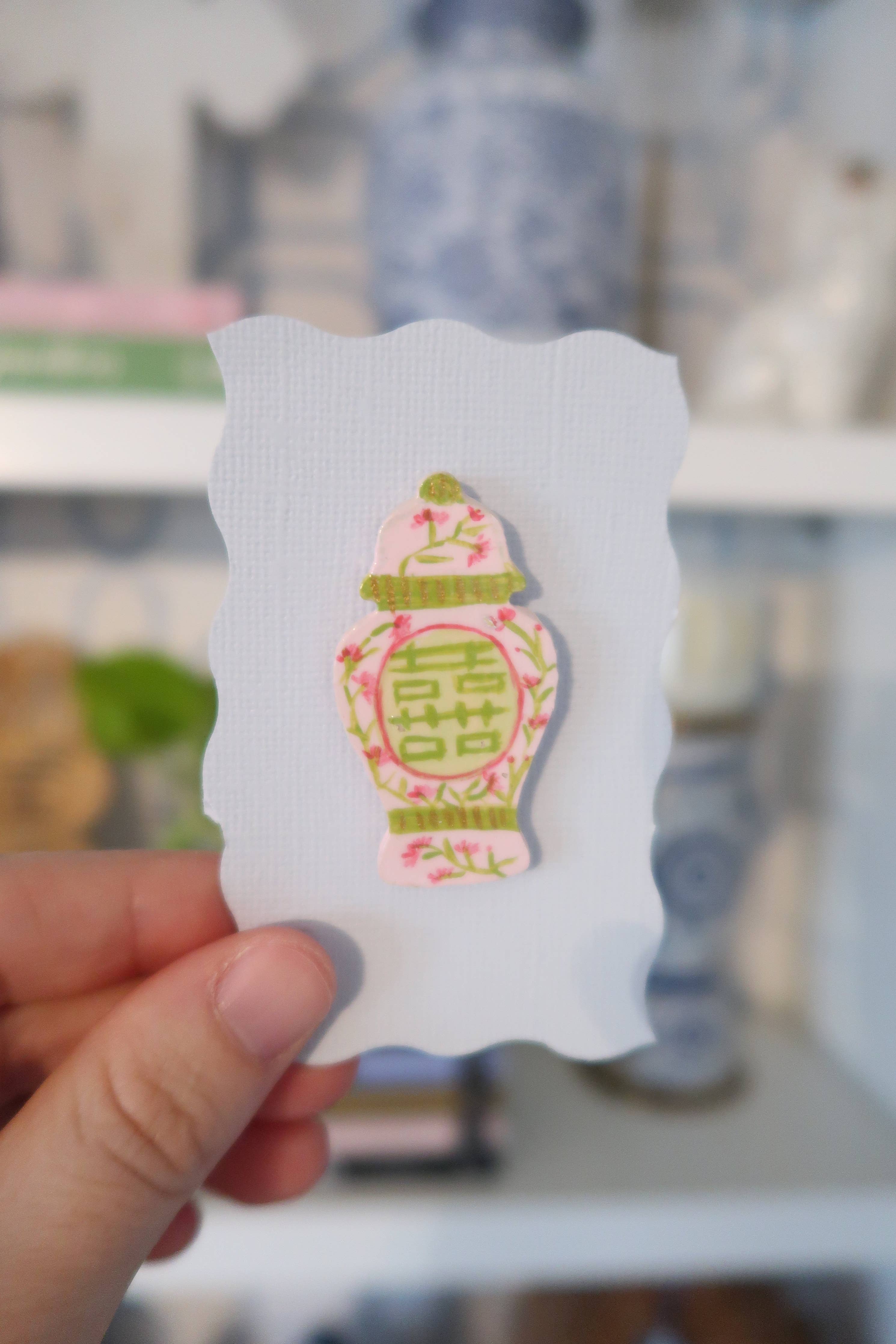 Pink floral double happiness // hand painted needle minder