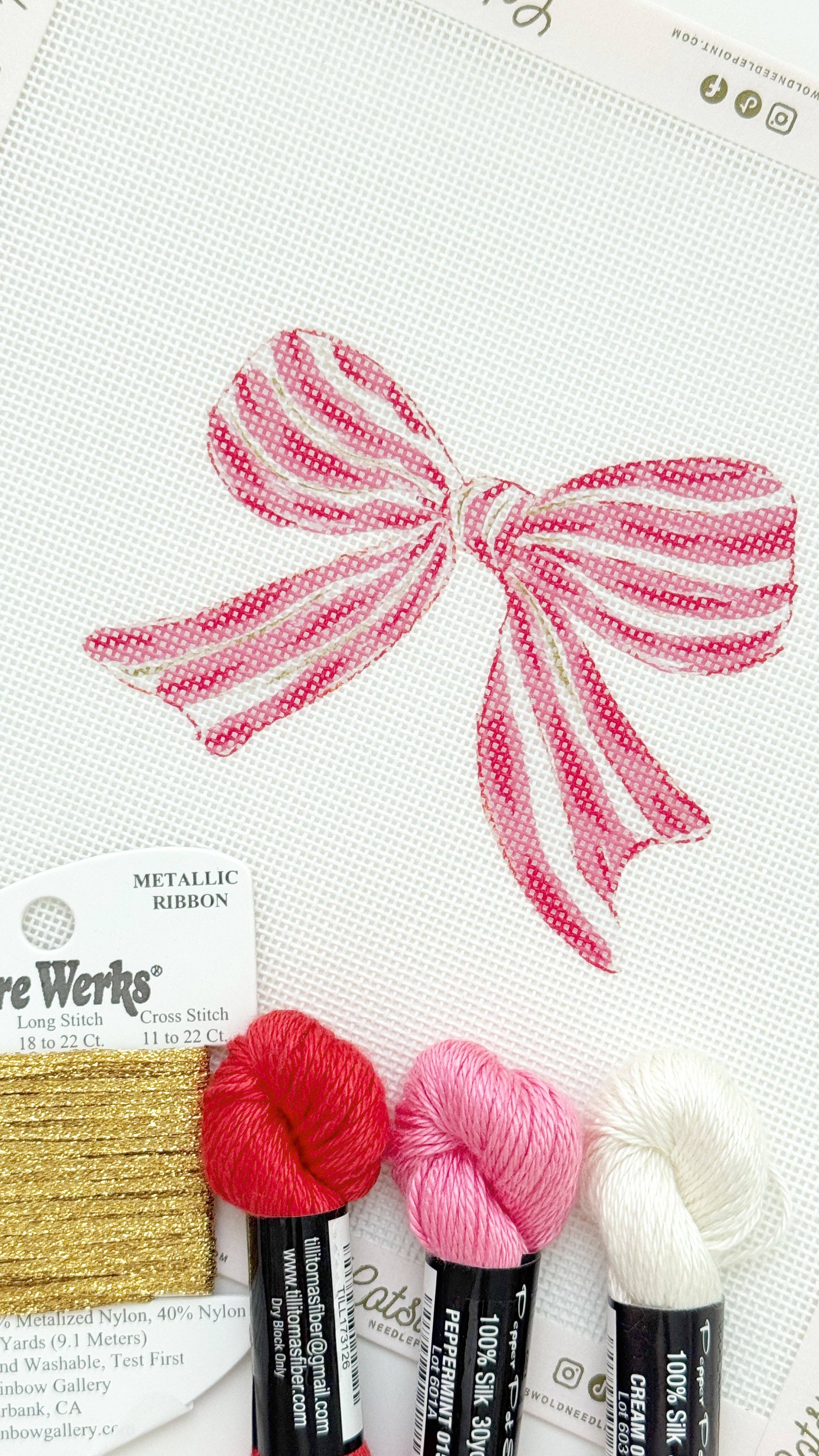 Pink Red Striped Christmas Needlepoint Canvas, 18 Mesh, Artisan Printed Needlepoint, 4x4 Design