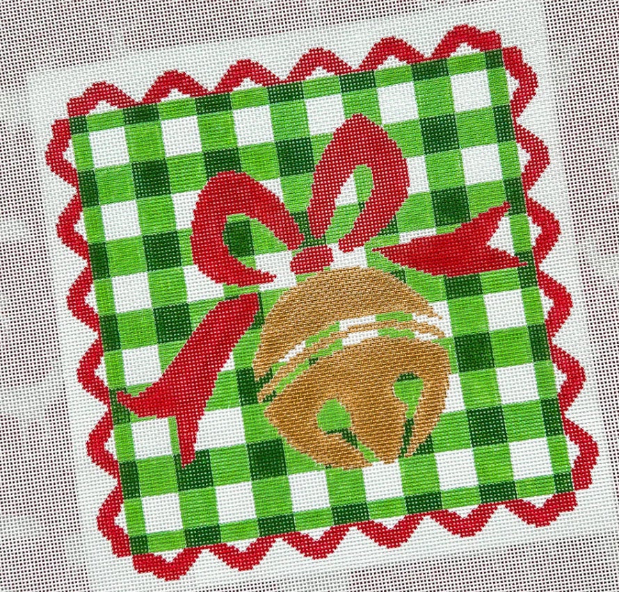 Jingle Bell on Green Gingham Canvas