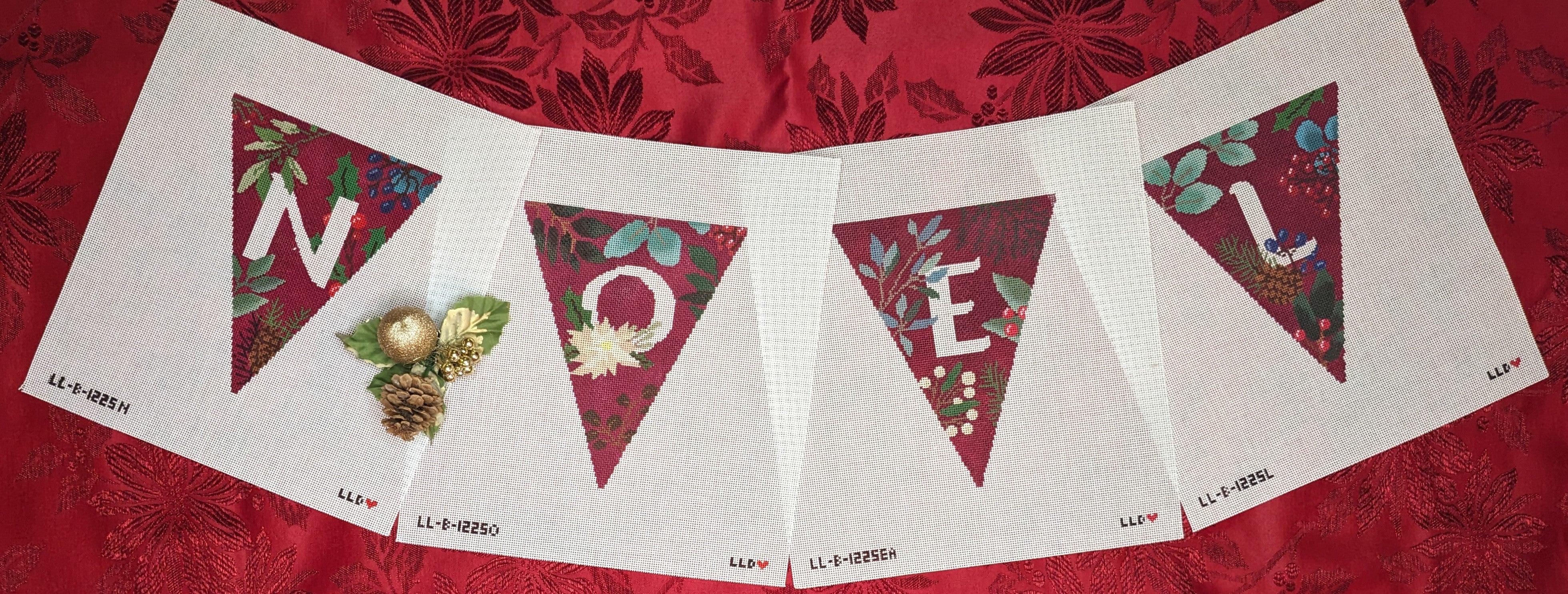 Botanical NOEL Garland red-- 4 individual canvases