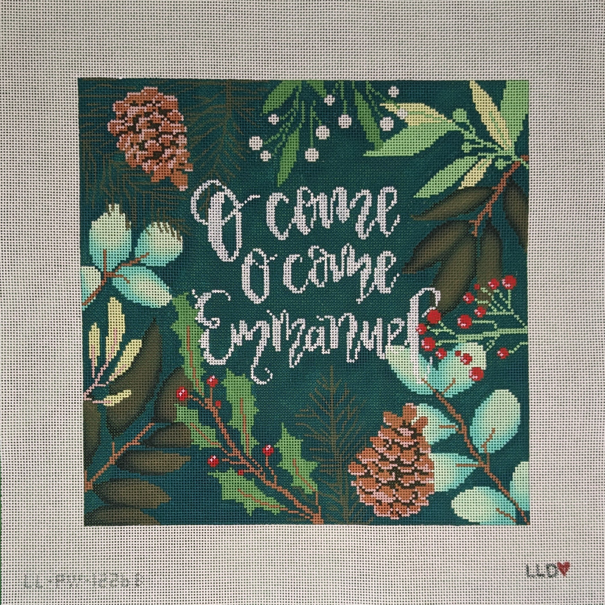 Green Botanical Pillow -- O Come O Come Emmanuel