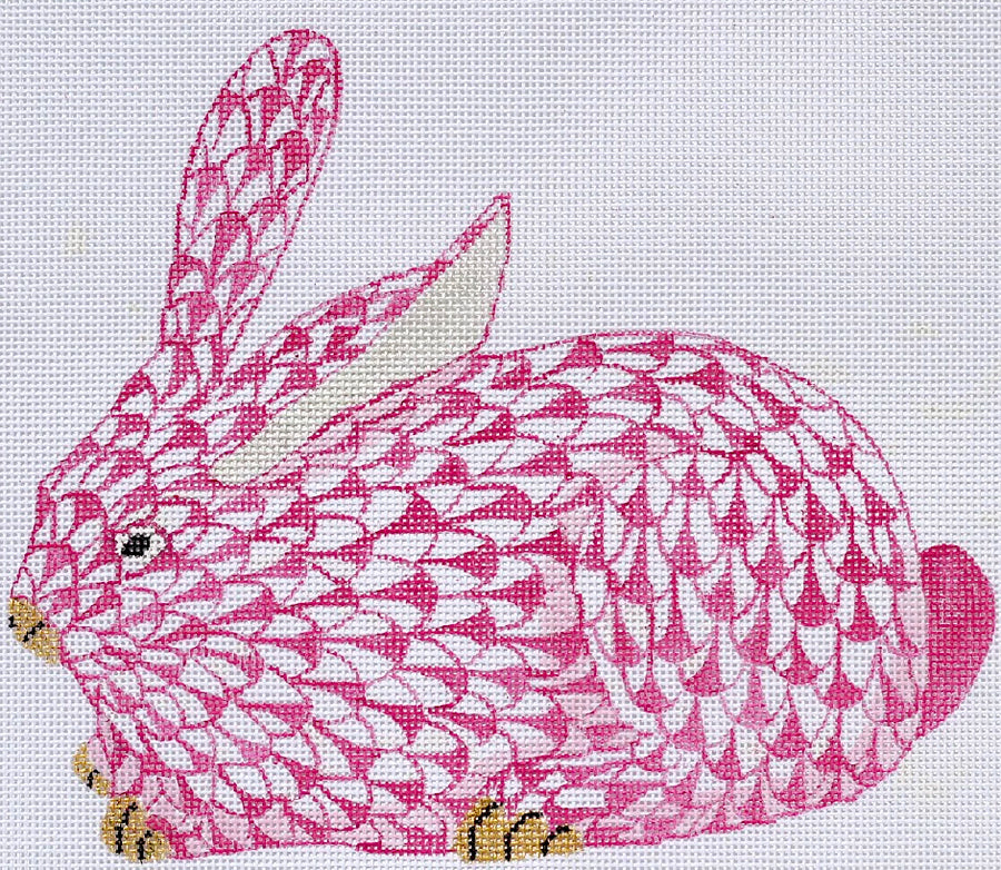 Herend-inspired Crouching Fishnet Bunny - Pink Left Facing