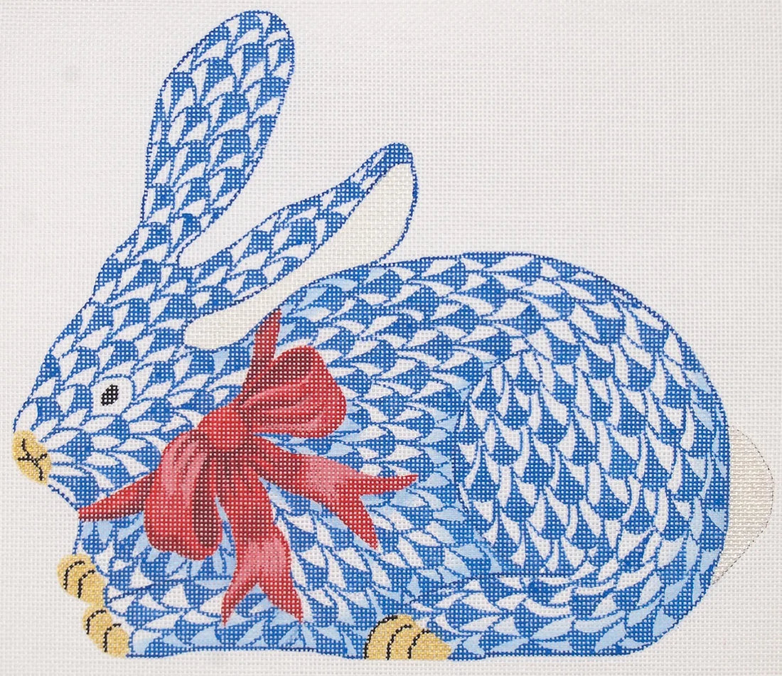 Herend-inspired Fishnet Bunny with Bow - Crouching Red Canvas