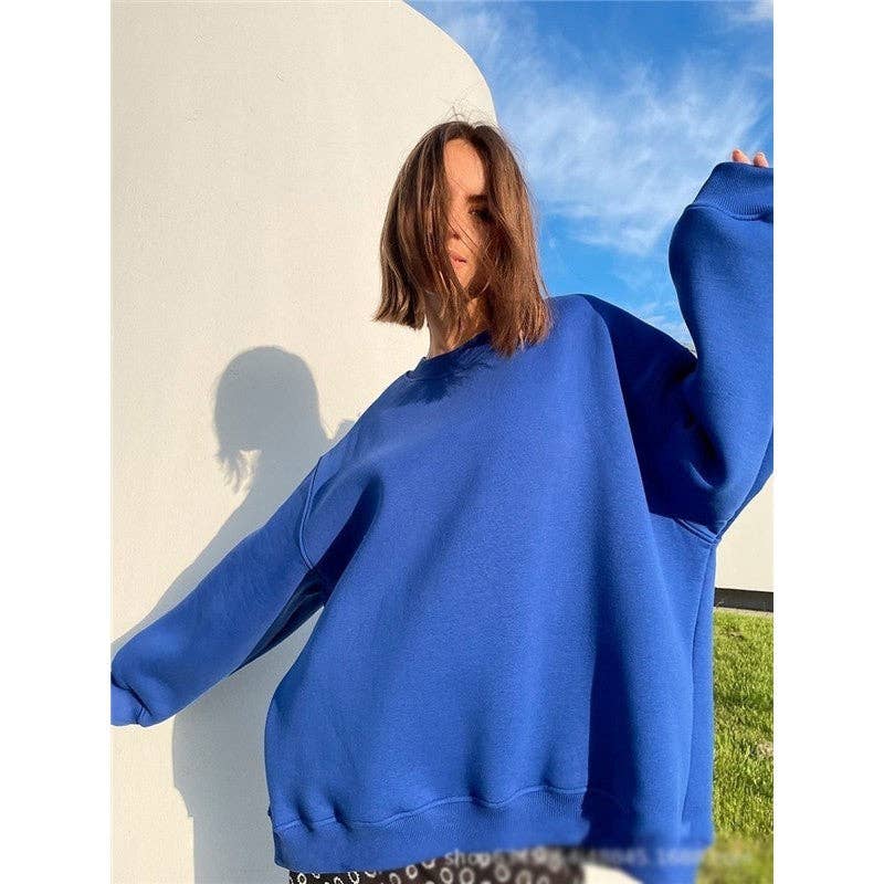 Casual Loose Fit Solid Color Crewneck Cotton Sweatshirt: SKY BLUE / L