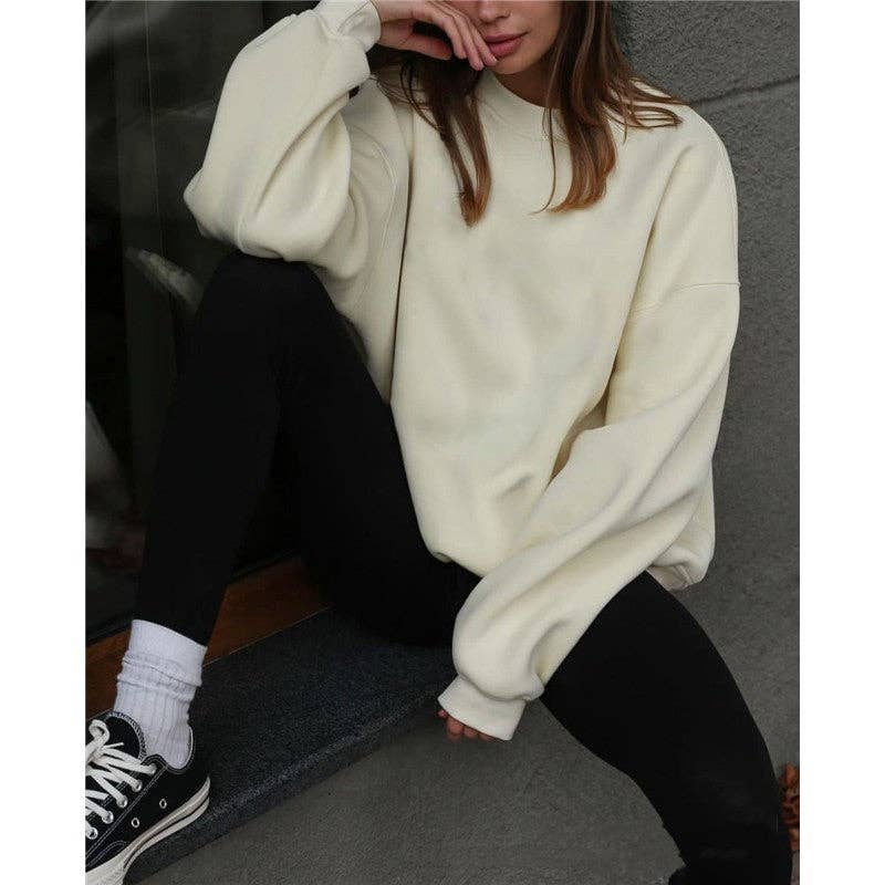 Casual Loose Fit Solid Color Crewneck Cotton Sweatshirt: SKY BLUE / L