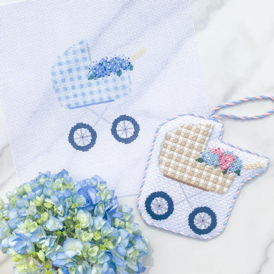 Baby Carriage Canvas with Stitch Guide - Blue Gingham
