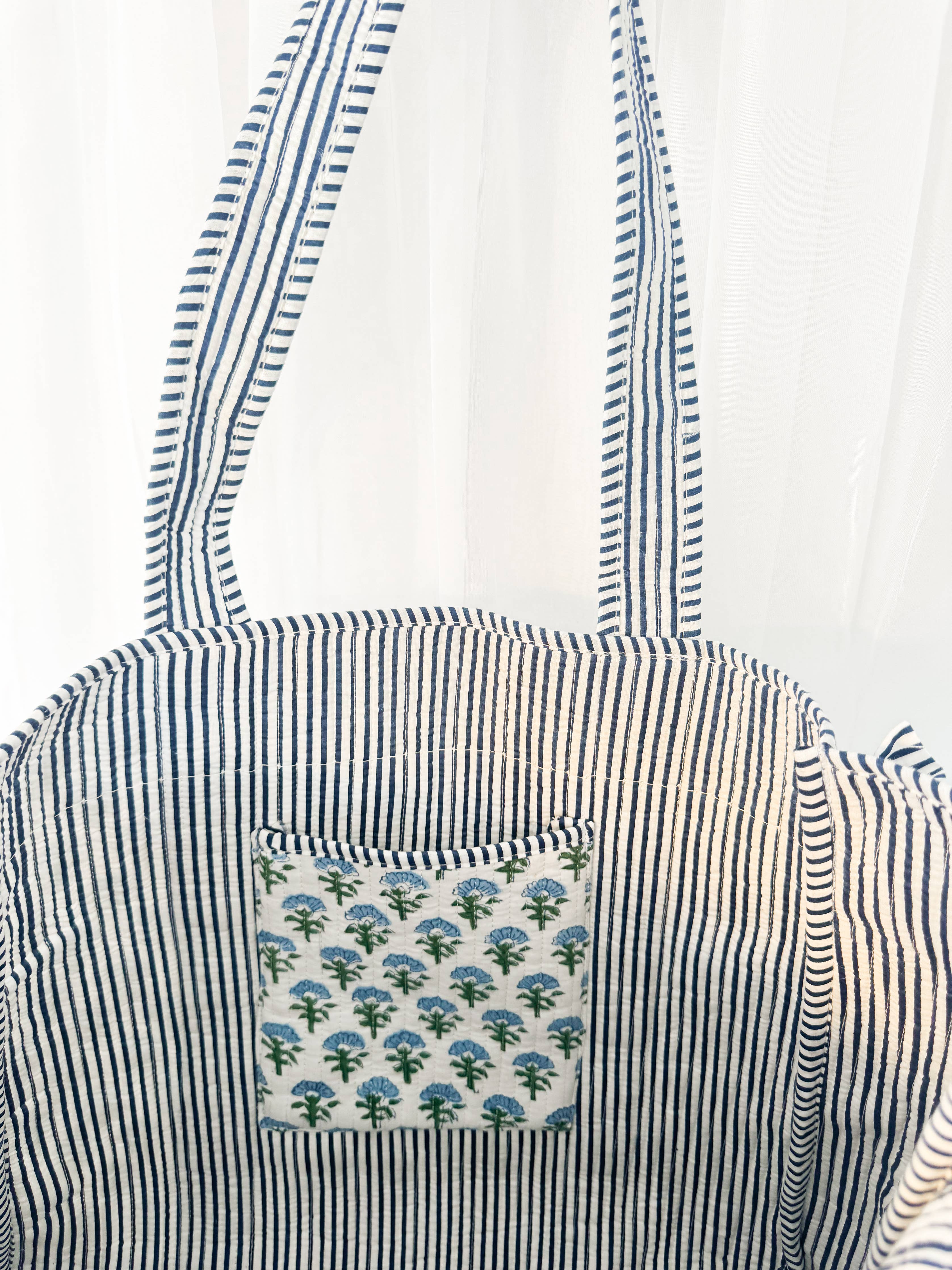 Block Print Large Quilted Ruffle Tote Bag | Carolina