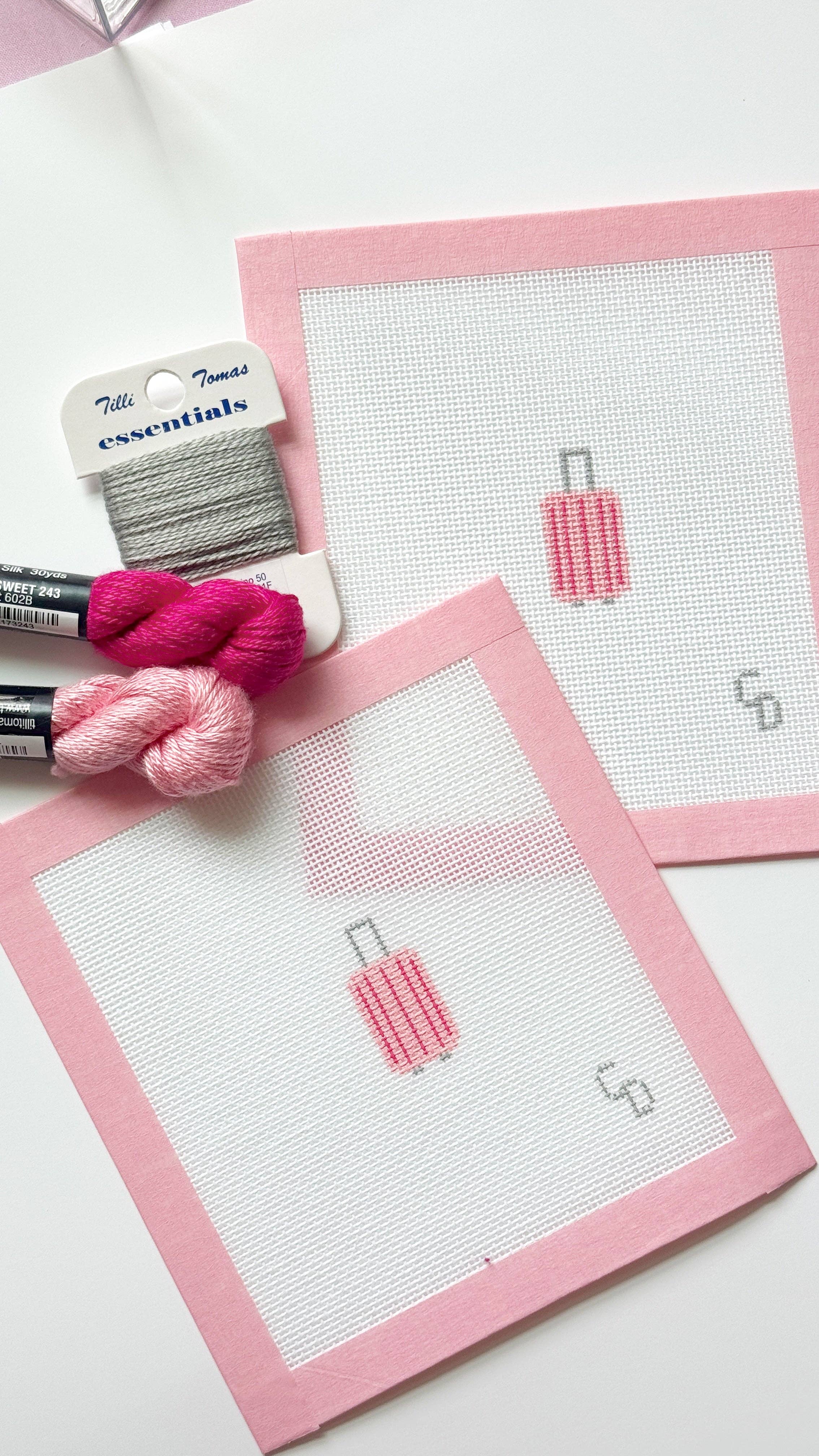 Mini Pink Striped Suitcase Travel Needlepoint Canvas, Mini Bag Tag Needlepoint, 18 Mesh, 2x2.25 Design