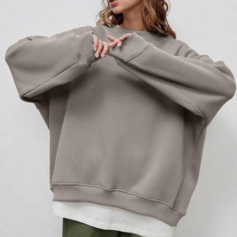 Casual Loose Fit Solid Color Crewneck Cotton Sweatshirt: SKY BLUE / L