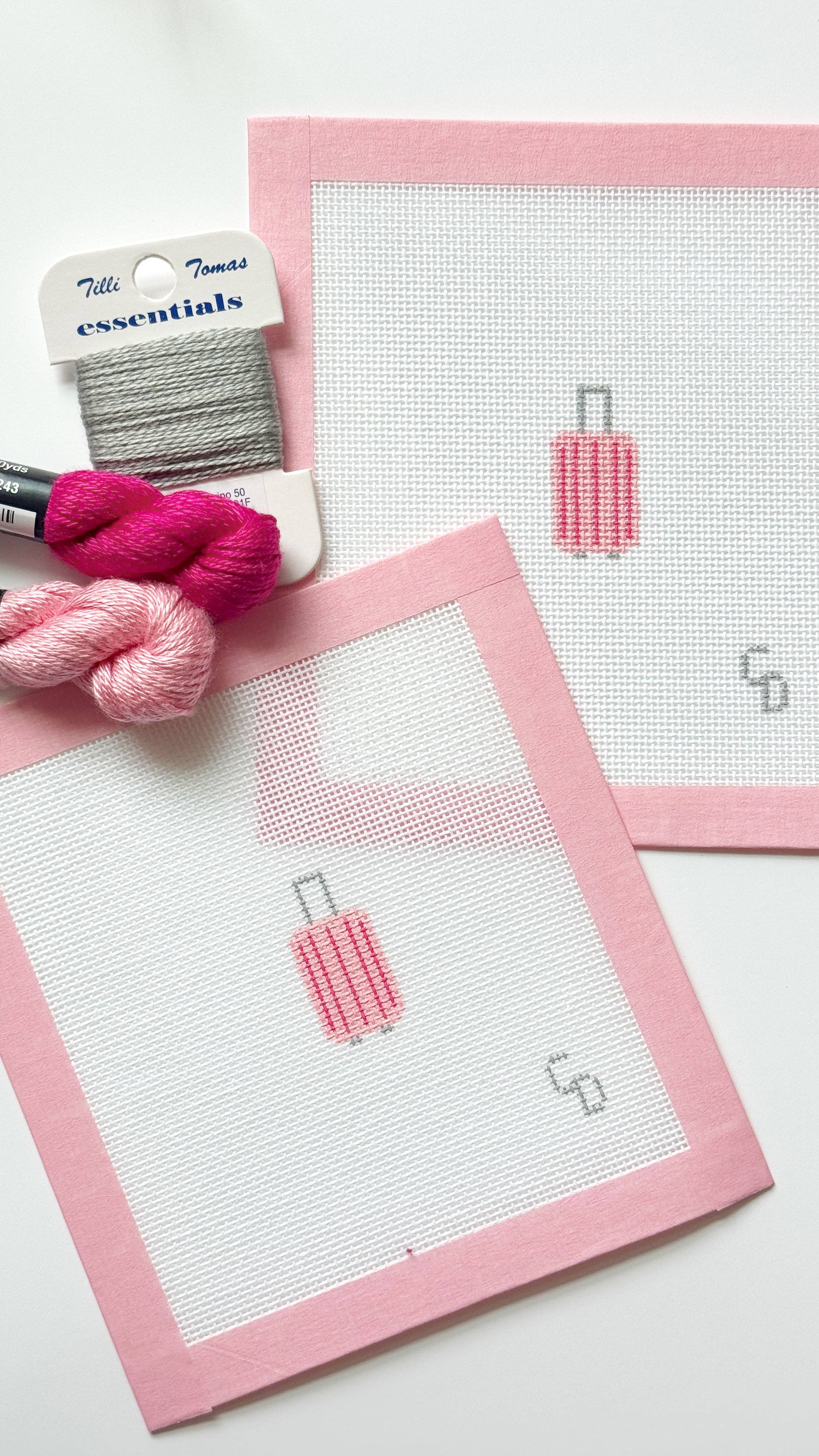Mini Pink Striped Suitcase Travel Needlepoint Canvas, Mini Bag Tag Needlepoint, 18 Mesh, 2x2.25 Design