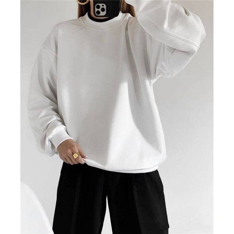 Casual Loose Fit Solid Color Crewneck Cotton Sweatshirt: SKY BLUE / L