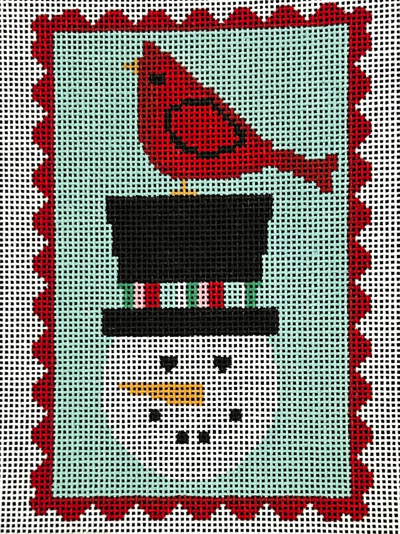 Red Scallop - Snowman with Cardinal on Teal Canvas