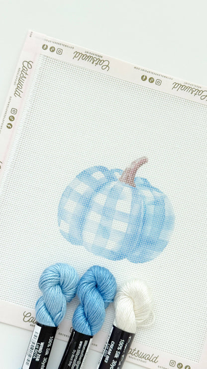 Plaid Blue Pumpkin Fall Needlepoint Canvas, 18 Mesh, Artisan Printed Needlepoint, 3.5x3.5 Design