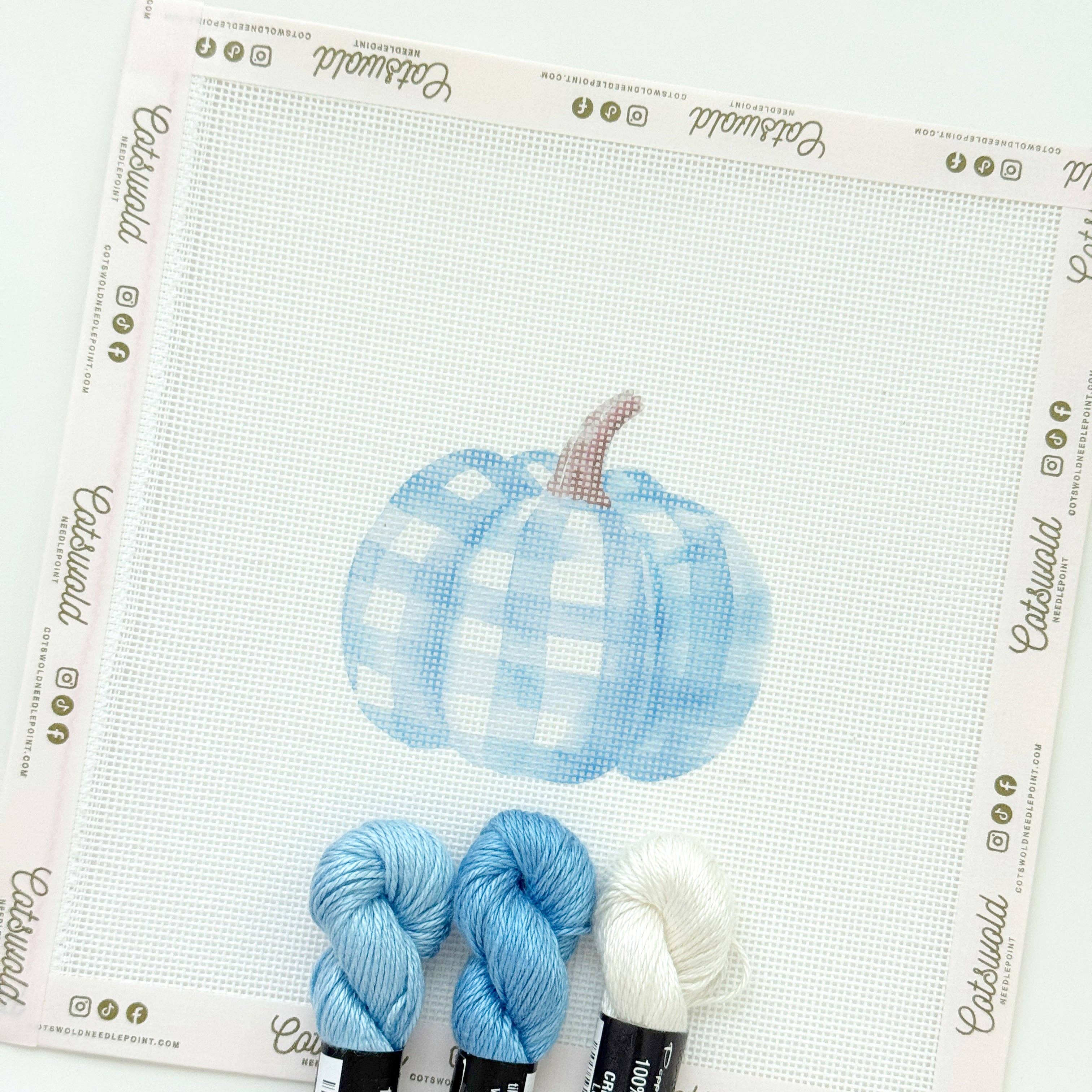 Plaid Blue Pumpkin Fall Needlepoint Canvas, 18 Mesh, Artisan Printed Needlepoint, 3.5x3.5 Design