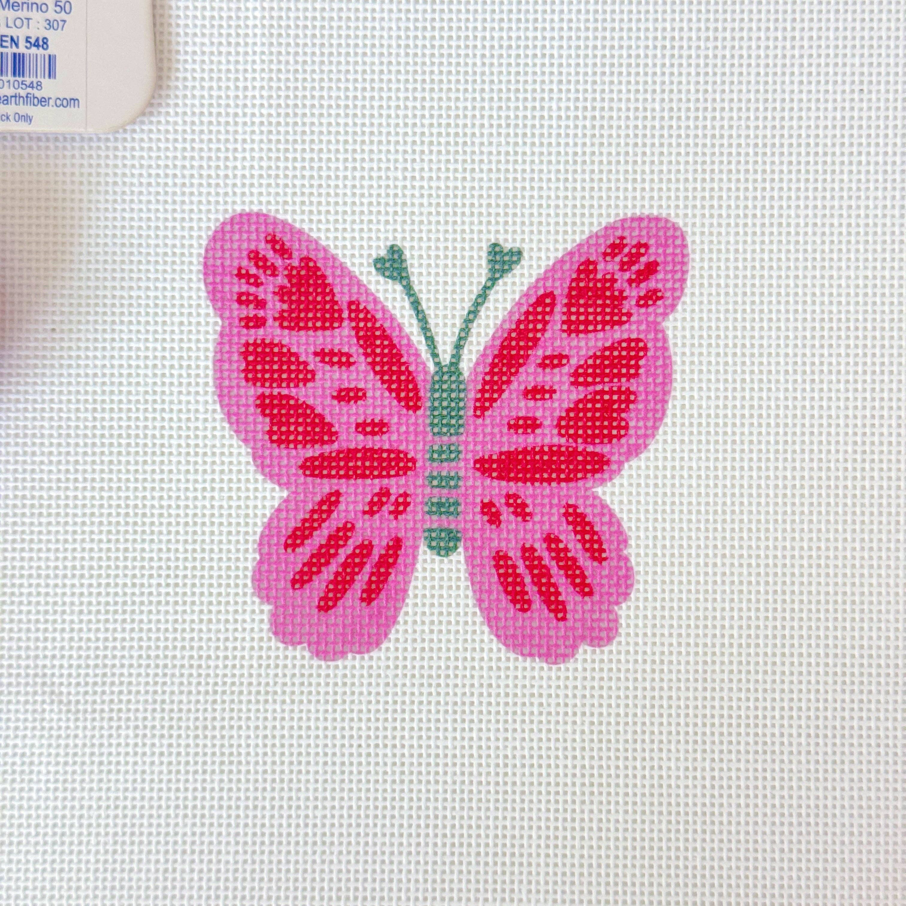 Pink Red Butterfly 18 Mesh Needlepoint Canvas, Artisan Printed Canvas, 4x4 Design Spring Needlepoint Canvas