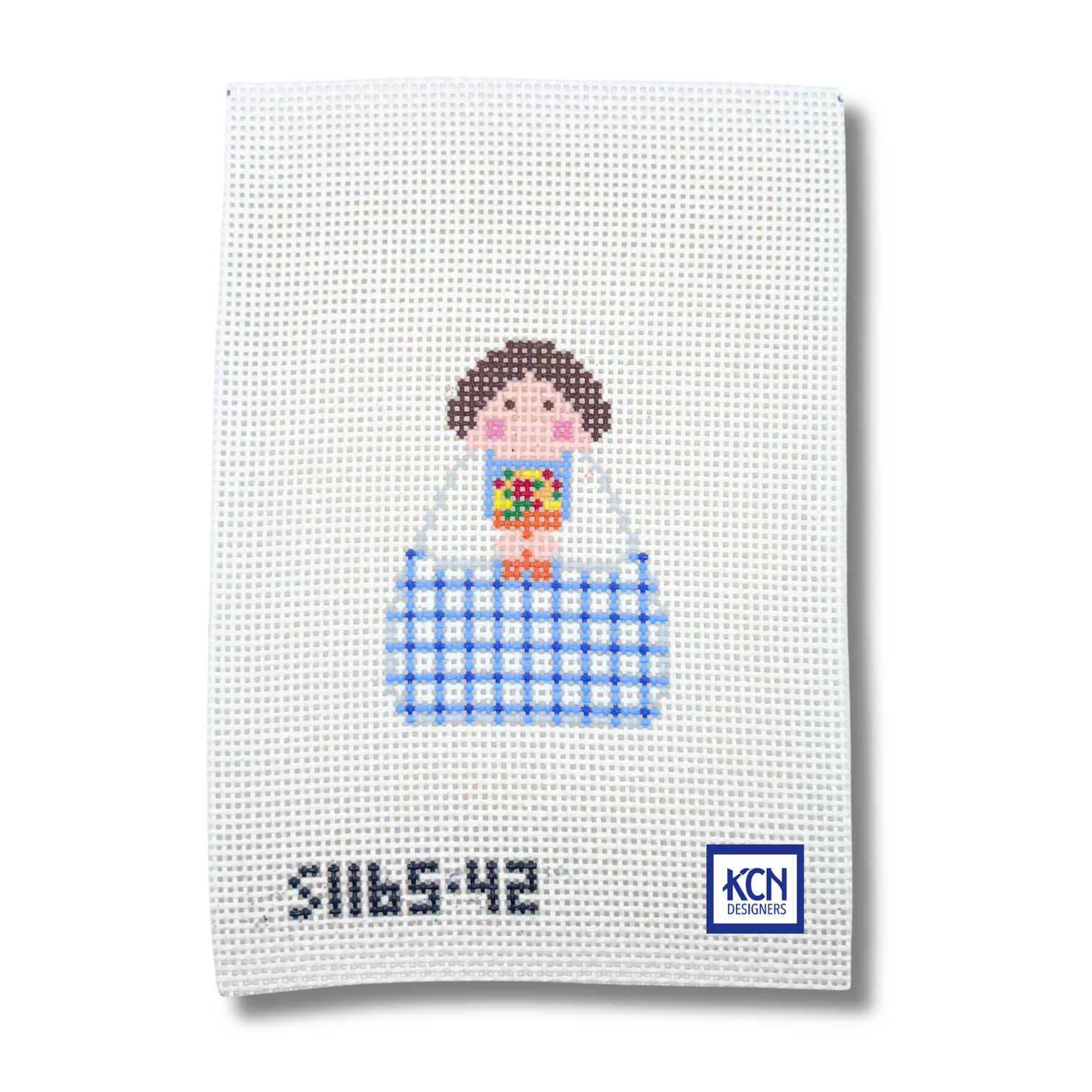Blue Plaid with Flower Pot Angel Printed Canvas