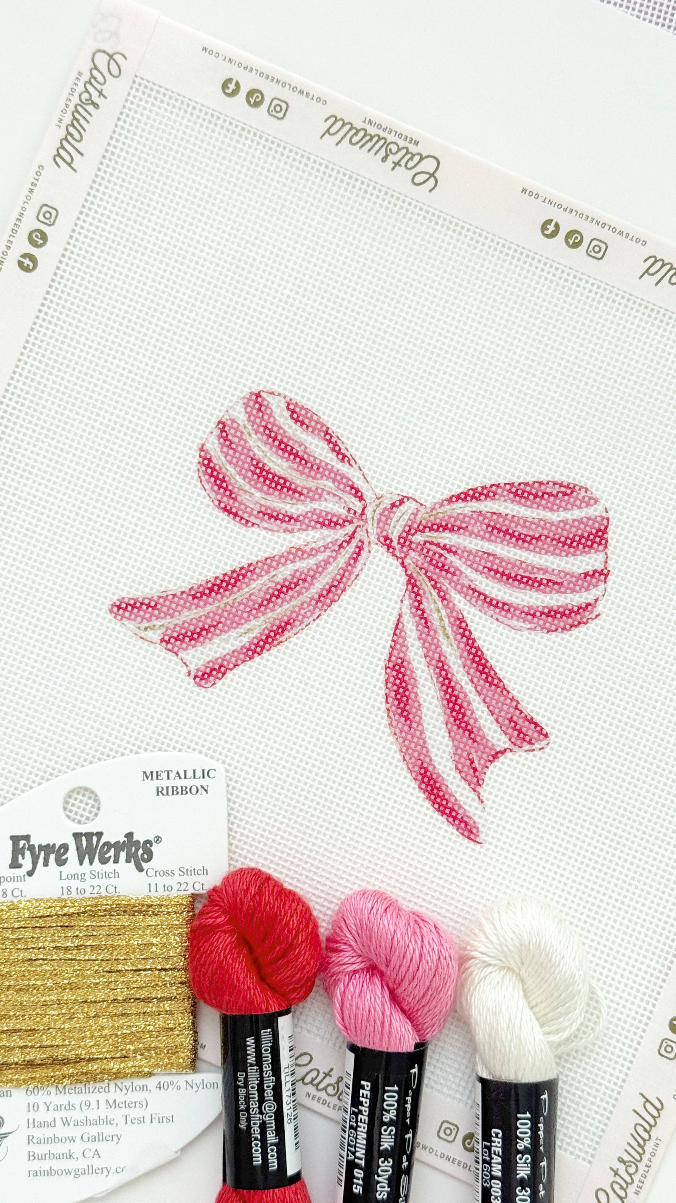Pink Red Striped Christmas Needlepoint Canvas, 18 Mesh, Artisan Printed Needlepoint, 4x4 Design