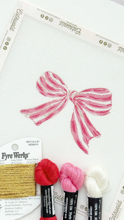 Pink Red Striped Christmas Needlepoint Canvas, 18 Mesh, Artisan Printed Needlepoint, 4x4 Design