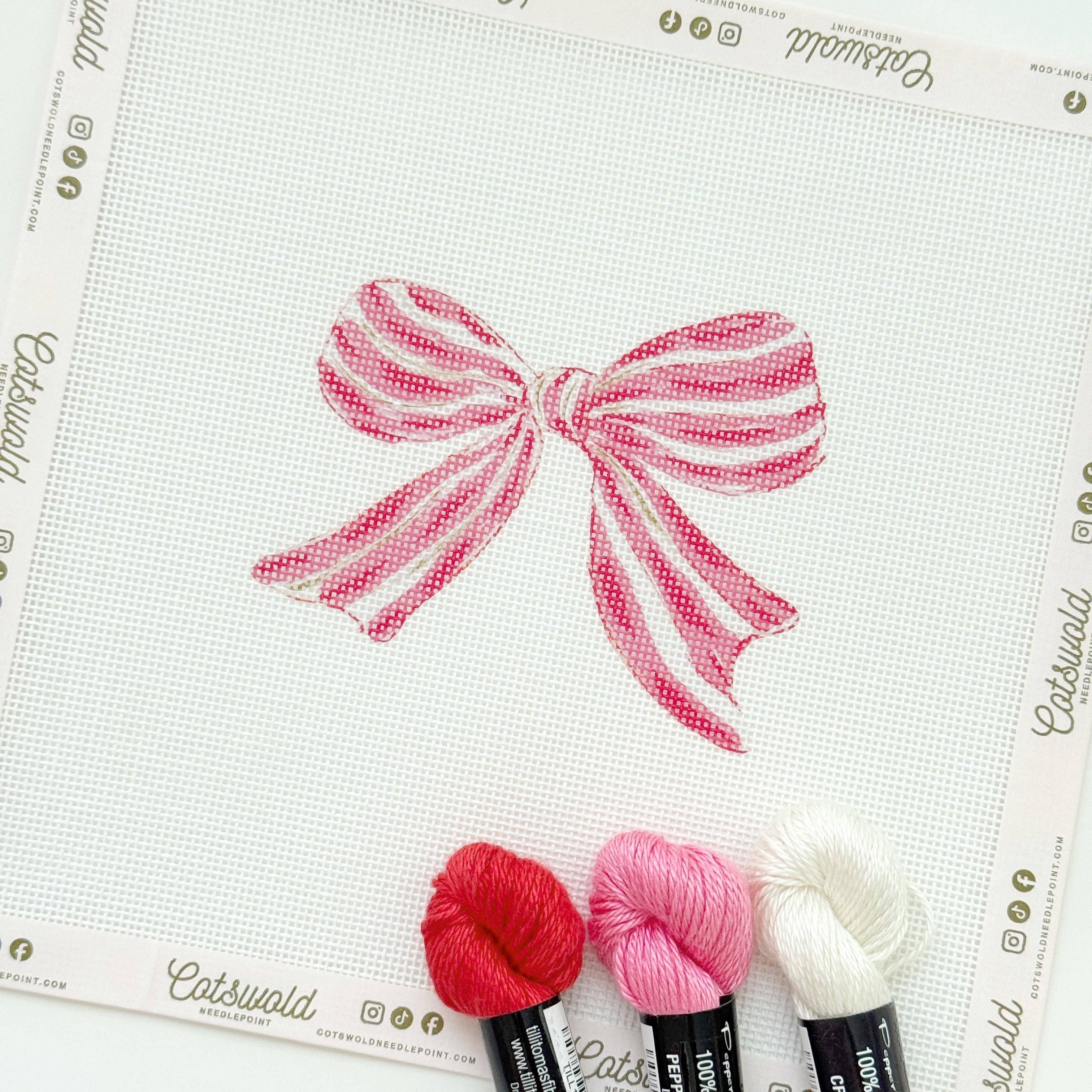 Pink Red Striped Christmas Needlepoint Canvas, 18 Mesh, Artisan Printed Needlepoint, 4x4 Design
