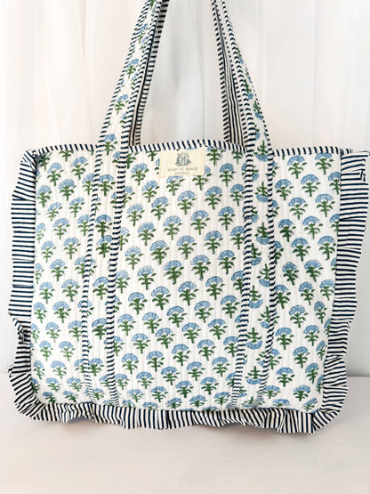 Block Print Large Quilted Ruffle Tote Bag | Carolina
