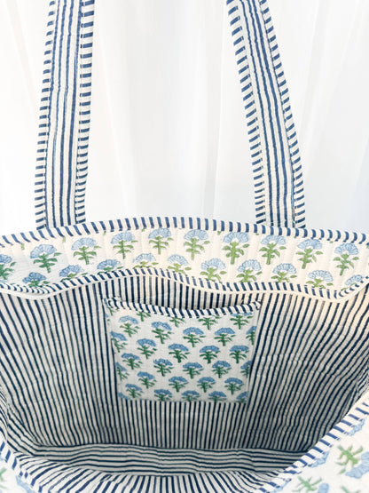 Block Print Large Quilted Zipper Tote Bag | Carolina