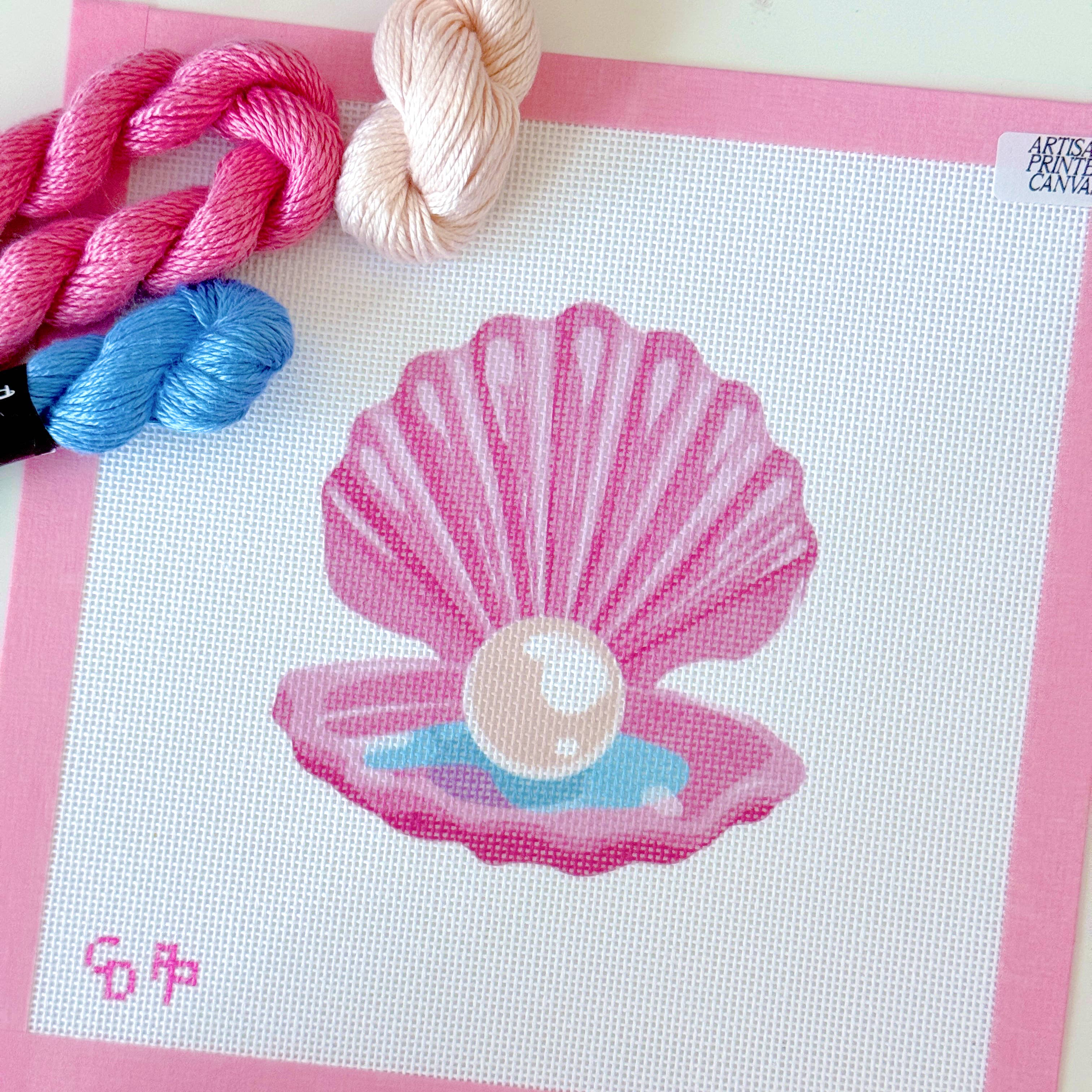 Pink Pearl Shell Needlepoint Canvas, Artisan Printed Canvas,