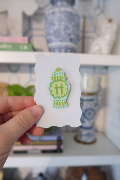 Blue and green hand painted ginger jar needle minder: Initial