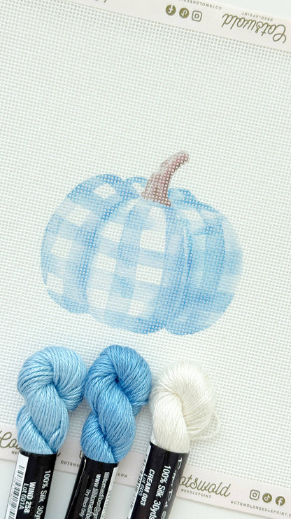 Plaid Blue Pumpkin Fall Needlepoint Canvas, 18 Mesh, Artisan Printed Needlepoint, 3.5x3.5 Design