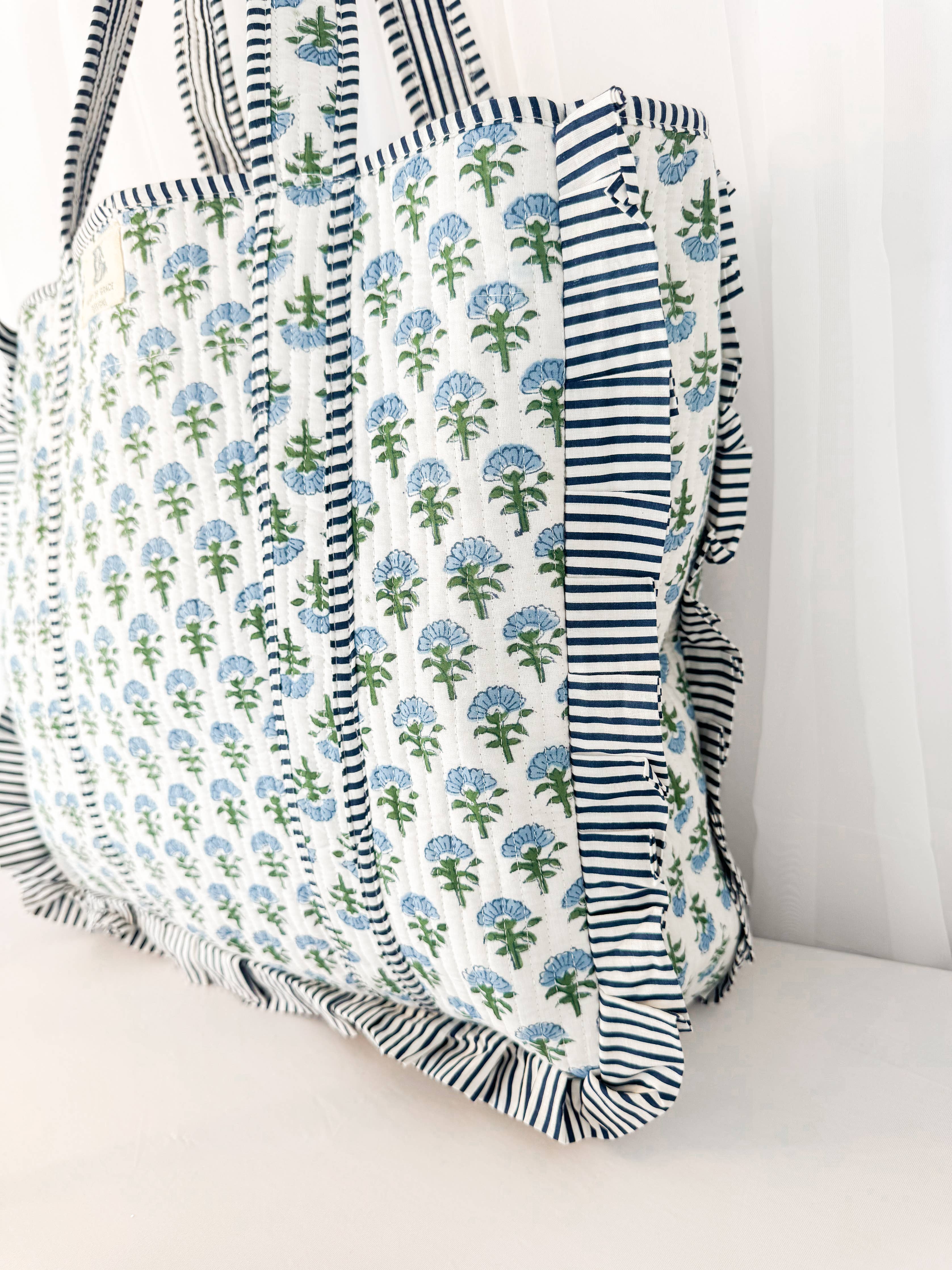 Block Print Large Quilted Ruffle Tote Bag | Carolina