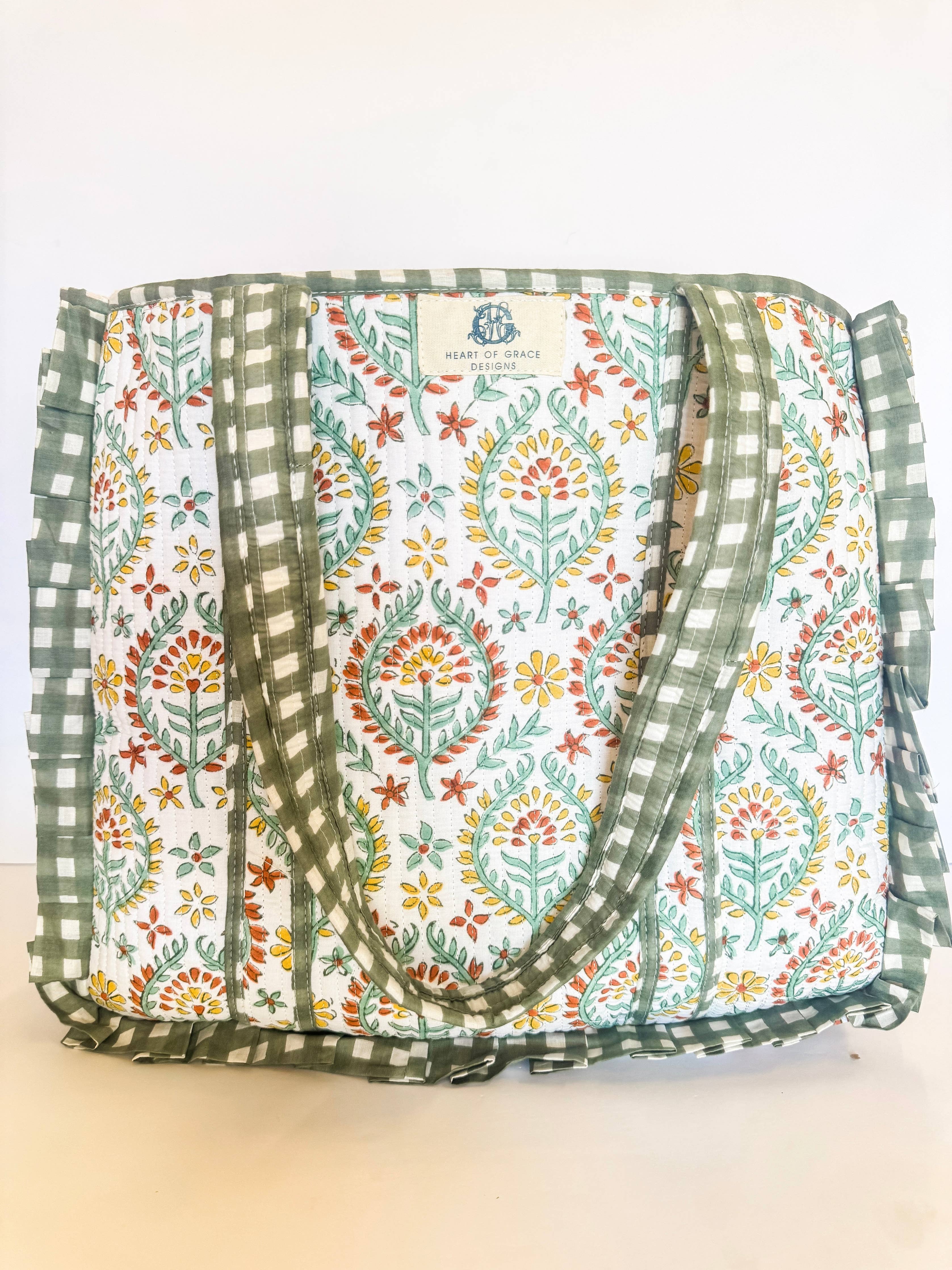 Soleil Sage | Large Quilted Ruffle Tote Bag: 0001