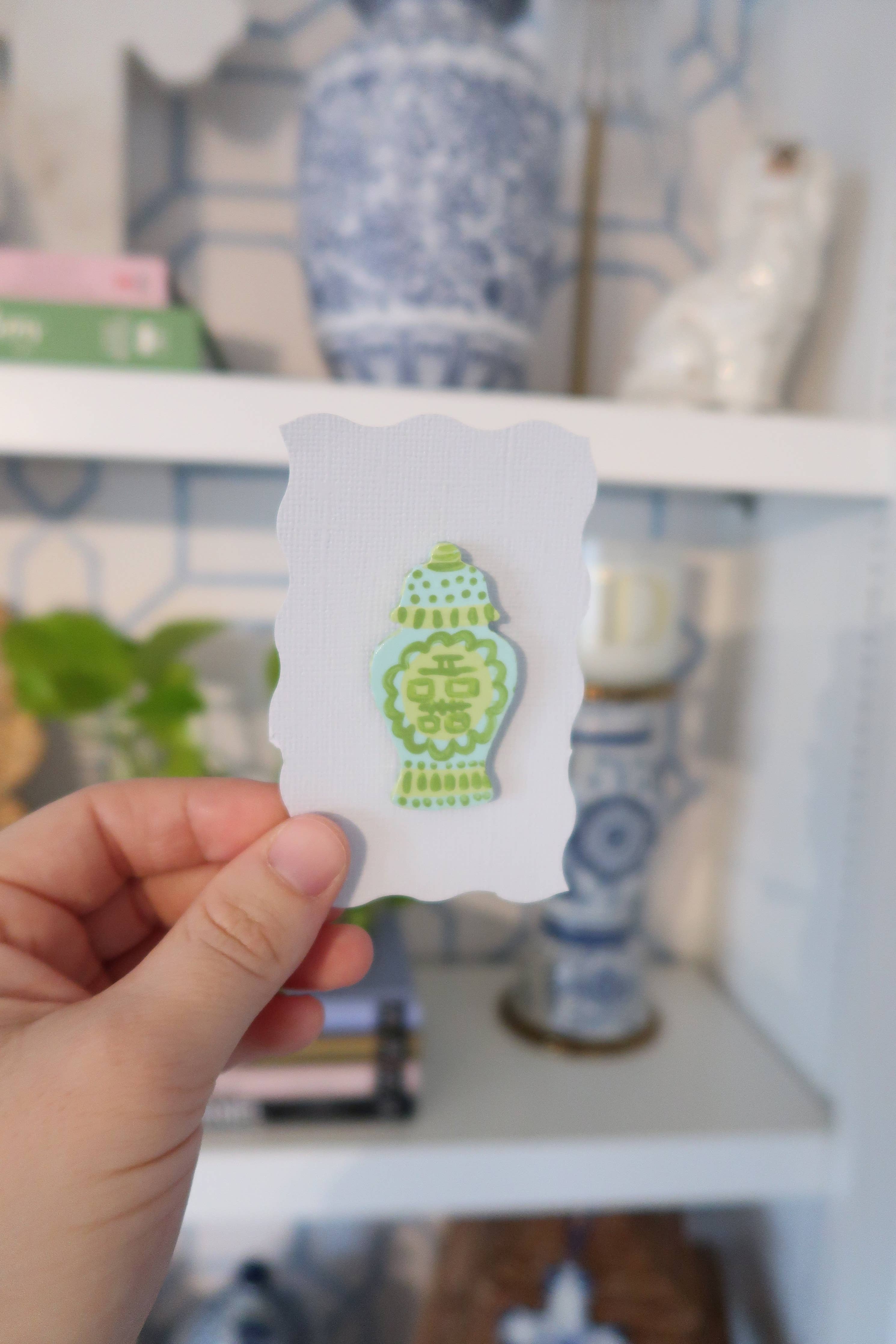 Blue and green hand painted ginger jar needle minder: Initial