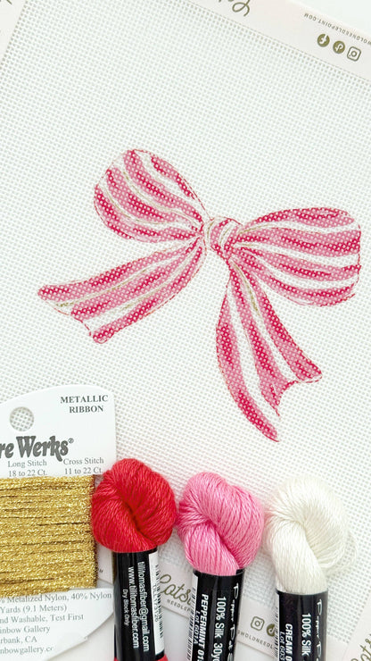 Pink Red Striped Christmas Needlepoint Canvas, 18 Mesh, Artisan Printed Needlepoint, 4x4 Design