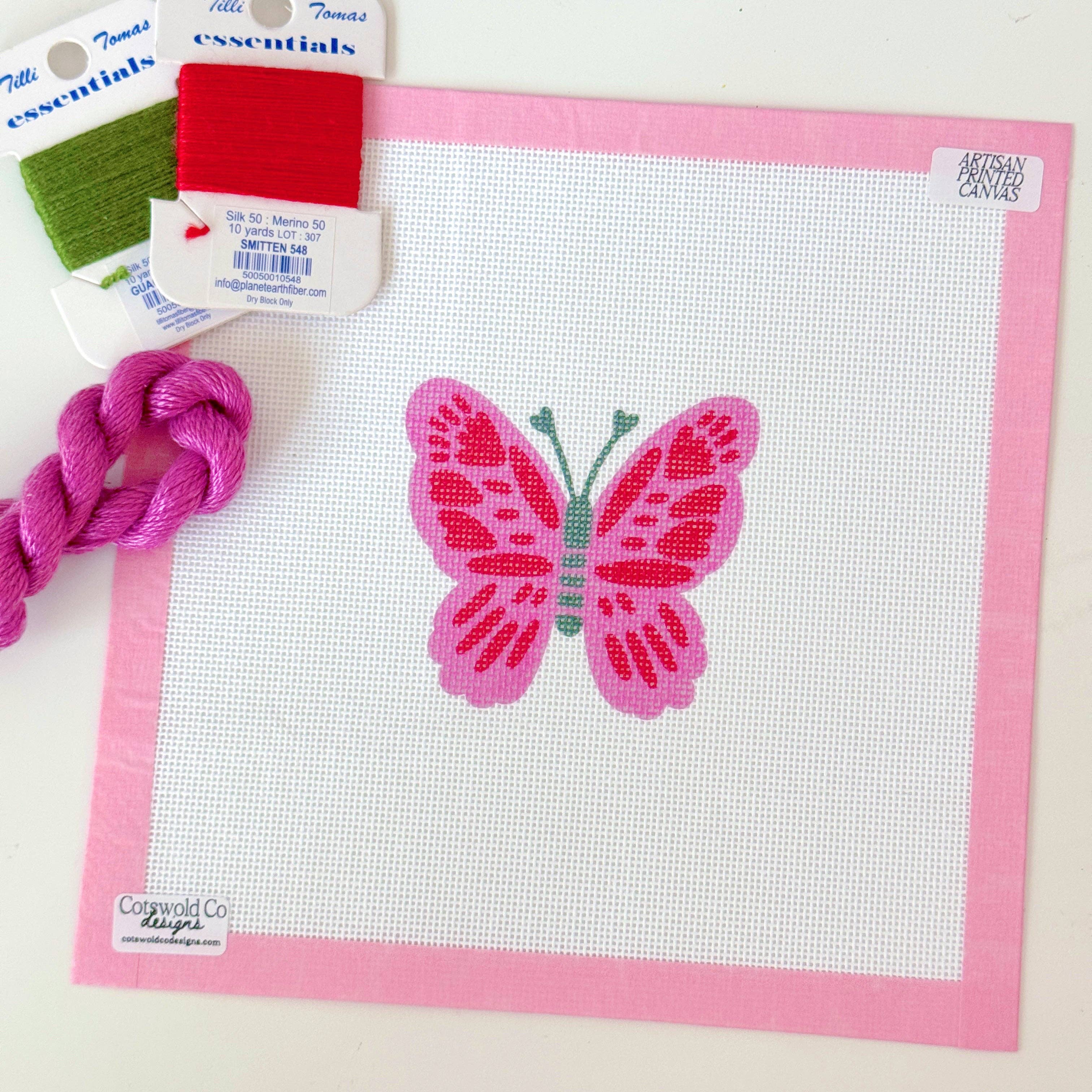 Pink Red Butterfly 18 Mesh Needlepoint Canvas, Artisan Printed Canvas, 4x4 Design Spring Needlepoint Canvas