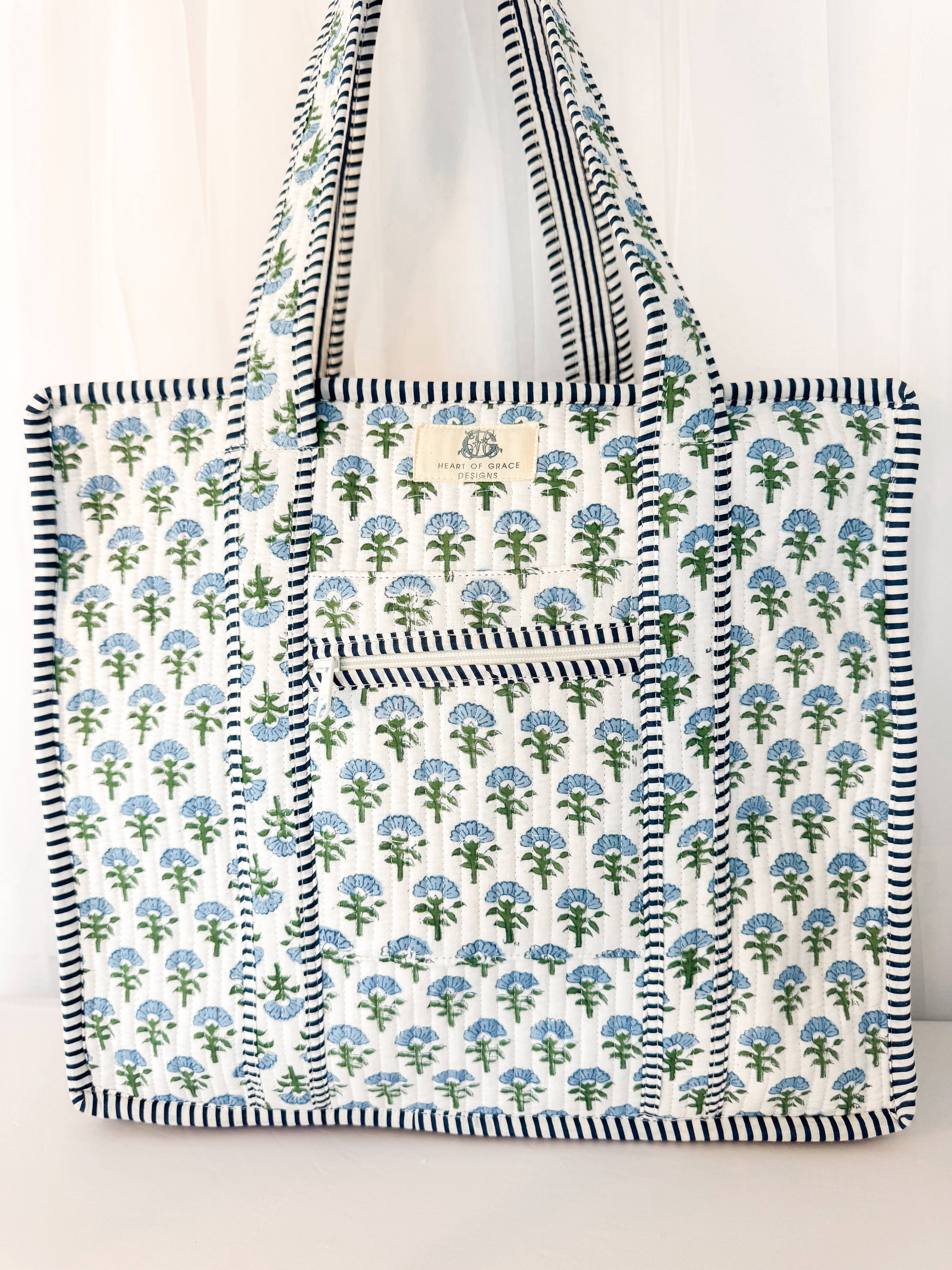 Block Print Large Quilted Zipper Tote Bag | Carolina