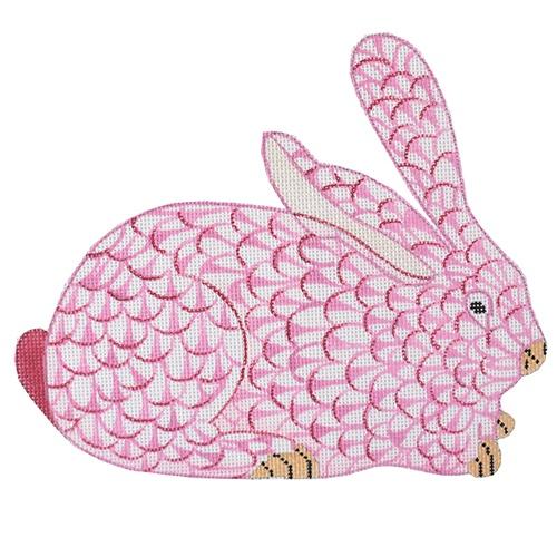 Herend-inspired Crouching Fishnet Bunny - Pink Right Facing