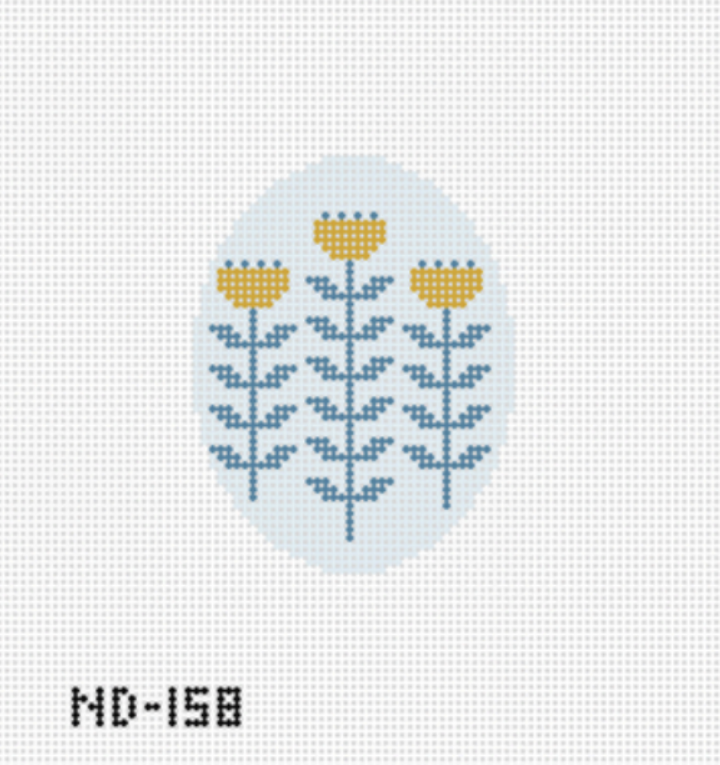 Blue & Gold Block Print Flower A - Oval