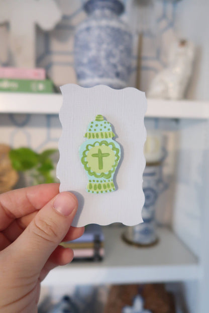 Blue and green hand painted ginger jar needle minder: Initial