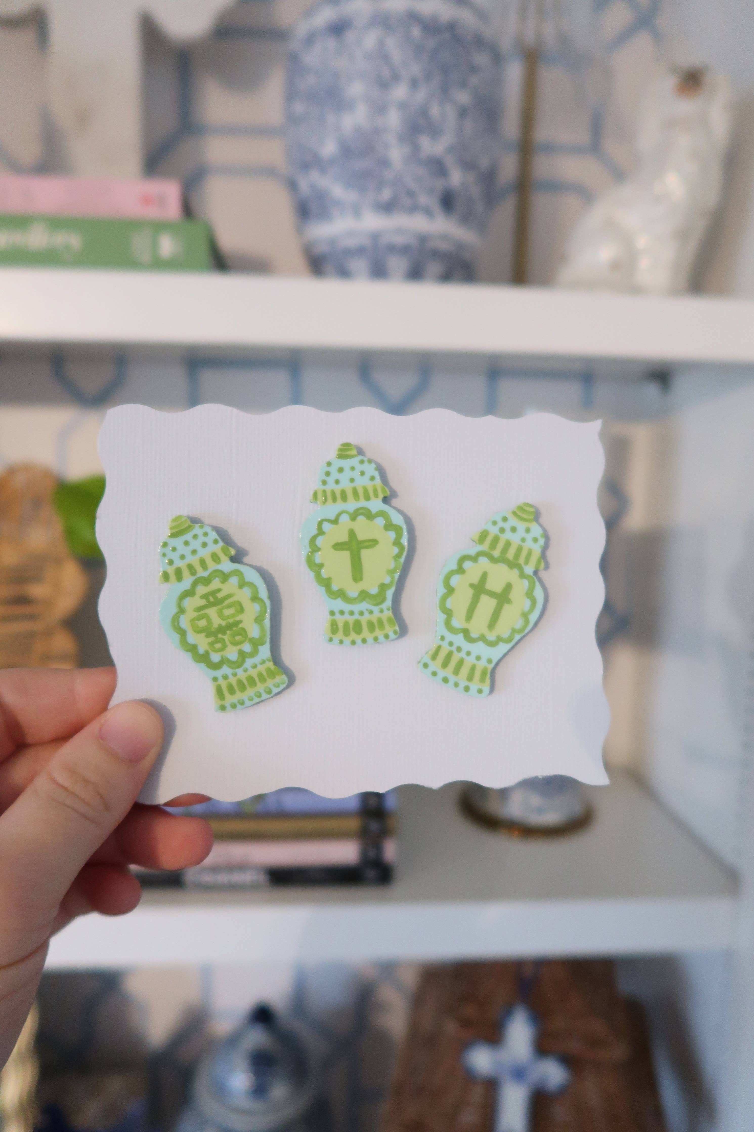 Blue and green hand painted ginger jar needle minder: Initial
