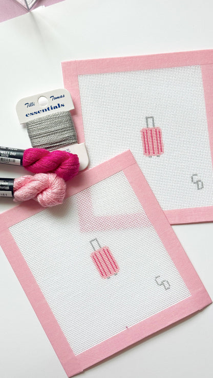 Mini Pink Striped Suitcase Travel Needlepoint Canvas, Mini Bag Tag Needlepoint, 18 Mesh, 2x2.25 Design