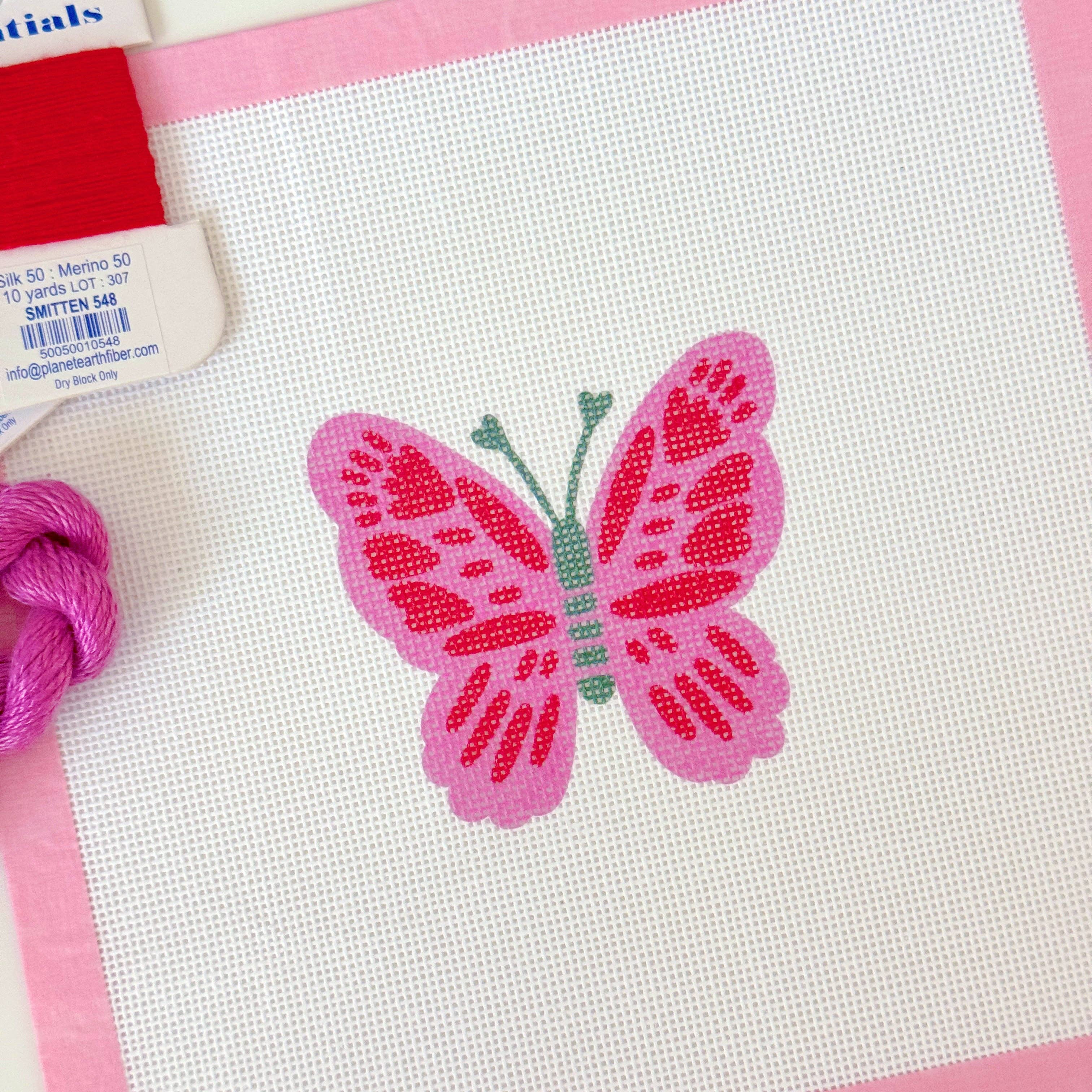Pink Red Butterfly 18 Mesh Needlepoint Canvas, Artisan Printed Canvas, 4x4 Design Spring Needlepoint Canvas