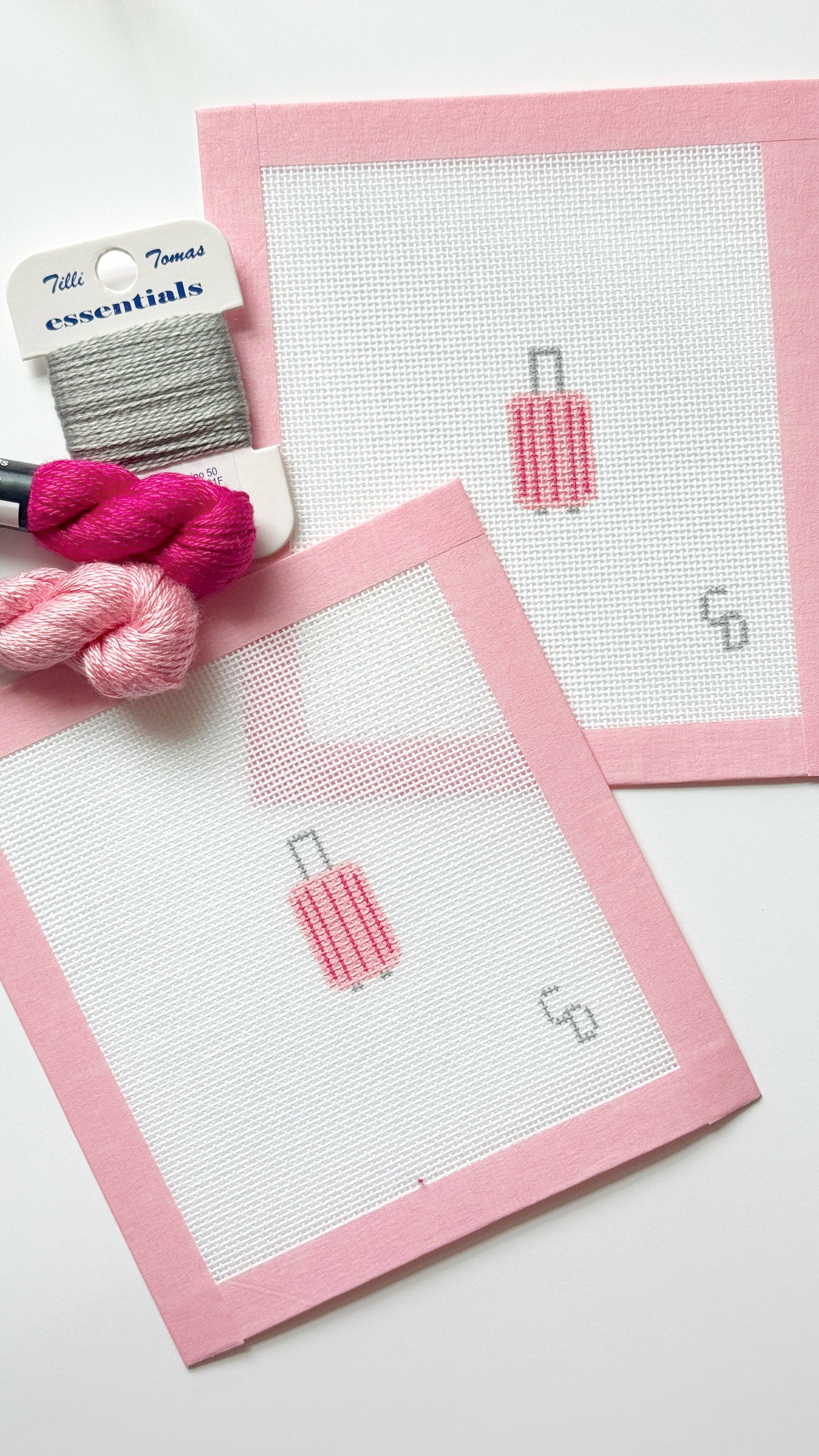 Mini Pink Striped Suitcase Travel Needlepoint Canvas, Mini Bag Tag Needlepoint, 18 Mesh, 2x2.25 Design