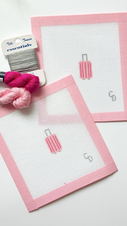 Mini Pink Striped Suitcase Travel Needlepoint Canvas, Mini Bag Tag Needlepoint, 18 Mesh, 2x2.25 Design