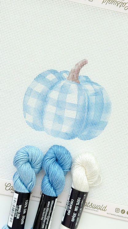 Plaid Blue Pumpkin Fall Needlepoint Canvas, 18 Mesh, Artisan Printed Needlepoint, 3.5x3.5 Design