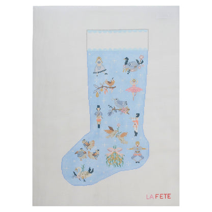 12 Days of Christmas Stocking Hand Painted Blue Needlepoint Canvas
