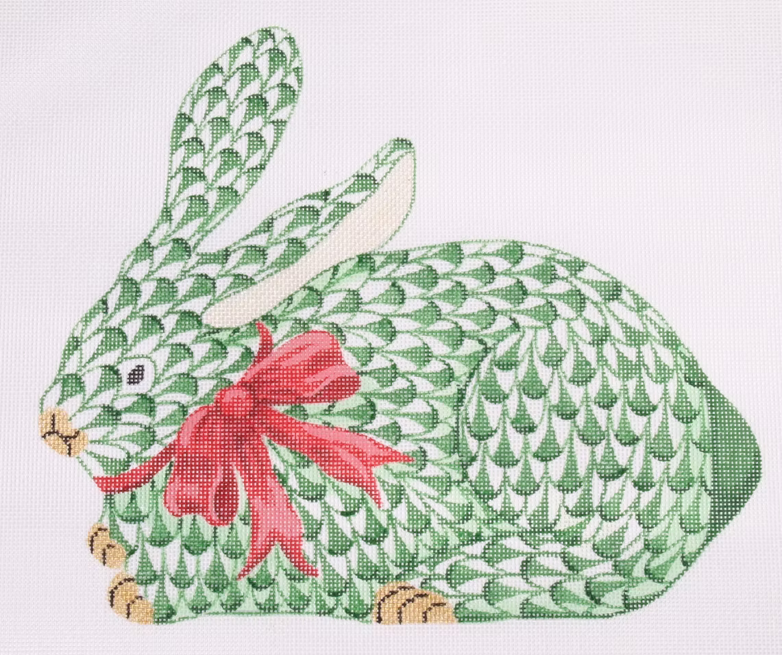 Herend-inspired Fishnet Green Bunny with Bow - Crouching Red Canvas